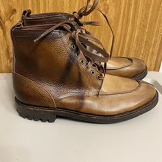 Brand New. Excellent Condition. Size 9.5d Elegant Leather Boots With Vibram Sole, Designer Leather Boots With Snip Toe, Rugged Formal Boots For Fall, Fitted Leather Moto Boots With Plain Toe, Formal Boots With Vibram Sole And Almond Toe, Designer Leather Moto Boots For Formal Occasions, Rugged Work Boots With Leather Lining For Formal Occasions, Rugged Formal Work Boots With Leather Lining, Formal Oiled Leather Boots For Fall