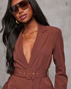 Meet the Jovenna Belted Pocketed Blazer—the perfect blend of sophistication and ease. Crafted from sleek crepe fabric, this blazer features a front button closure and padded shoulders for a tailored look with a touch of structure. The detachable waist belt adds a versatile twist, letting you style it your way. With its classic design and modern flair, this piece is a must-have for effortless chic. Crepe fabric Front button closure Padded shoulders Detachable waist belt Front flap pockets Unlined97% Polyester 3% Spandex V-neck Single Breasted Blazer For Business Casual, Chic Notched Blazer Dress For Semi-formal Occasions, V-neck Office Blazer With Buttons, Office V-neck Blazer With Buttons, Spring Brown Office Suits, Chic Long Sleeve Blazer Dress With Hidden Buttons, Chic Single Button Blazer Dress For Office, Chic Single Breasted Blazer Dress With Lapel Collar, Chic Long Sleeve Formal Blazer