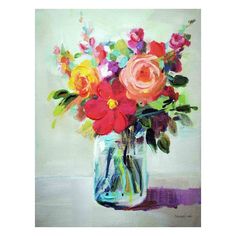 a painting of colorful flowers in a glass vase