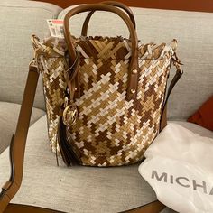 New With Tags. Dustbag Included Cream Top Handle Bag With Woven Leather, Designer Cream Bag With Braided Handles, Designer Cream Bags With Braided Handles, Designer Beige Bags With Braided Handles, Michael Kors Backpack, Guitar Bag, Michael Kors Bedford, Studded Purse, Mk Purse