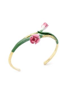 "Tulip Bangle // \"Bloom\" collection by 9AM . GOOD AFTER NINE This Bangle is beautifully designed and comfortable to wear. Hand painted with care and High Quality Enameling with detailed craftsmanship. // materials : polished brass with 18k gold plating // finishing : hand painted with high quality enamel // color : pale pink , white , light green //Please note that the actual colours may be slightly different from the ones that appear on your screen. Best, NINE" Tulip Flower, Pink Tulips, Tulips Flowers, Polished Brass, Hoop Wreath, Gold Plating, Pale Pink, Light Green, Tulips