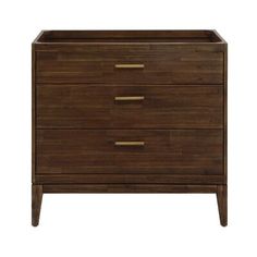 the chest of drawers is made out of wood and has three drawers, one with two handles