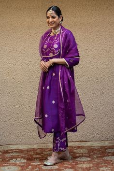 Purple three fourth sleeves kora silk kurta with woven Gullista details on the yoke. Paired with a matching floral woven pant and a mukaish butti embellished dupatta. - Aza Fashions Traditional Designer Kurta With Set-in Sleeves, Purple Silk Kurta With Gota Work, Traditional Cotton Silk Kurta With Set-in Sleeves, Traditional Silk Kurta With Set-in Sleeves, Purple Silk Palazzo Set With Straight Kurta, Traditional Silk Sets With Set-in Sleeves, Formal Silk Kurta With Gota Work, Festive Silk Palazzo Set With Set-in Sleeves, Festive Silk Sets With Set-in Sleeves