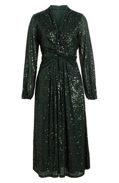 Bring sparkle to your next night out in a sequin-drenched dress designed with a shapely twist at the waist and cut to a beloved and versatile midi length. 50" length Hidden side-zip closure Surplice V-neck Long sleeves with elastic cuffs Lined 95% polyester, 5% elastane Dry clean Imported Christmas Dress Women, Pine Forest, Long Sleeve Midi, Long Sleeve Midi Dress, Twist Front, Christmas Dress, Nordstrom Dresses, Holiday Dresses, Anne Klein