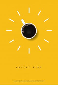 a cup of coffee sitting on top of a yellow background with the words coffee time