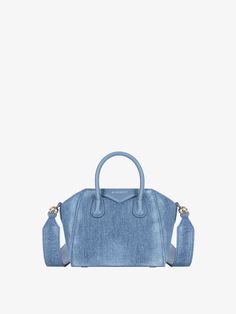 Antigona Toy bag in washed denim | Givenchy US | Givenchy Blue Contacts, Toy Bags, Mini Handbag, Welcome Bags, Cowboy Boots Women, Givenchy Women, Mini Handbags, Washed Denim, Leather Handles