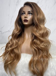 Long Side Part Golden Ombre Wavy Lace Front Wig - Rowena001 Honey Blonde Side Part Wig, Side Part Ombre Wig, Ombre Blonde Wig, Brown Roots Blonde Hair Lace Wig, Blonde Brown Black Ombre Wig, Blonde Curly Wig, Best Lace Wigs, Full Lace Wig Glueless, Curly Lace Wig