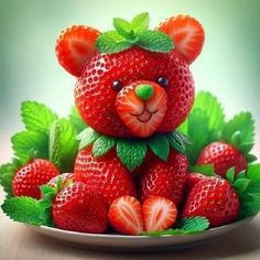 a painting of a teddy bear made out of strawberries on a plate with green leaves