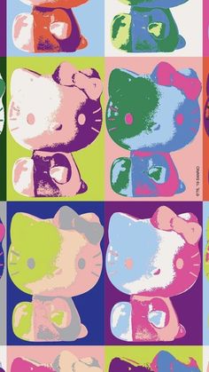 an image of hello kitty pop art in different colors and sizes on a multi - colored background