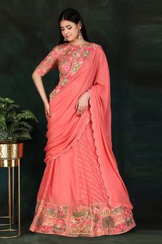 Gajri lehenga saree with an attached cancan, including elephant and sparrow motifs and jaal hand embroidery. Comes with a padded blouse and a petticoat. - Aza Fashions Pink Wedding Pre-draped Saree, Pink Chinon Pre-draped Saree For Navratri, Transitional Sharara With Pallu For Receptions, Pink Chanderi Sharara For Reception, Pink Chanderi Set For Reception, Pink Tissue Silk Salwar Kameez For Reception, Semi-stitched Sharara For Diwali With Traditional Drape, Chanderi Sharara For Reception And Festivals, Dola Silk Sharara For Reception Diwali