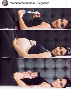 a woman laying on top of a black couch holding a toothbrush in her hand