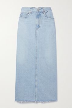 AGOLDE's 'Hilla' maxi skirt feels like an authentic vintage find from the '90s. It's cut from organic denim in the brand's faded 'Practice' wash and falls to a frayed hem that's split along the back. Team yours with a T-shirt and ankle boots. Long Denim Skirt Outfits, Long Jean Skirt, Denim Skirt Outfits, Long Denim Skirt, Denim Maxi, Maternity Skirt, Denim Maxi Skirt, Light Blue Denim, Light Denim