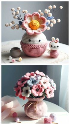 crocheted vases with flowers in them and yarn balls on the table next to each other