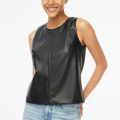 Faux-leather shell Elegant Leather Tops For Work, Fall Non-stretch Blouse, Sleek Leather Tops For Work, Sleek Leather Tops For Workwear, Trendy Fitted Sleeveless Blouse, Trendy Sleeveless Tops For Workwear, Stretch Tank Top For Workwear, Trendy Sleeveless Blouse For Night Out, Trendy Fitted Faux Leather Top