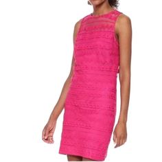 New With Tag! Size S Color: Pink Bissitti Is A Sleeveless Shift With Illusion Top Made Up On Geometric Embroidery On Mesh. Back Zip Hits At Knee Approx. Measurement Taken Laying Flat: Bust: 16.5 Waist: 16 Hip: 17.5 Length: 34 . Msrp $150 Id0210qb823 Fitted Sleeveless Mini Dress With Illusion Neckline, Sheer Fitted Sleeveless Dress, Sleeveless Lace Dress With Sheer Details, Feminine Sleeveless Sheer Mini Dress, Sheer Sleeveless Feminine Mini Dress, Knee-length Summer Dress With Illusion Neckline, Summer Knee-length Dress With Illusion Neckline, Summer Mini Dress With Illusion Neckline, Sleeveless Lace Mini Dress For Cocktail