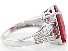 Red Lab Created Ruby Rhodium Over Sterling Silver Ring 7.42ctw - ONH174 | JTV.com Ruby Jewelry With Diamond Accents In Baguette Cut, Baguette Cut Ruby Jewelry With Diamond Accents, Ruby Jewelry With Diamond Accents, Emerald Cut, Emerald Cut Ruby Jewelry With Diamond Accents, Formal Jewelry With Lab-created Ruby And Accent Stones, Cubic Zirconia Ruby Ring With Gemstone Accents For Anniversary, Red Emerald-cut Diamond Accented Jewelry, Pear-shaped Gemstone Accented Jewelry For Anniversary, Pear-shaped Gemstone Accents Jewelry For Anniversary