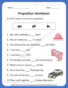 the worksheet for prepositions in english with pictures and words on it