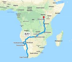 a map showing the route from africa to south africa, and where you can go