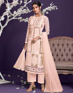 Peach Alizeh Georgette Pant Straight Peach Thread Zari Embroidery and Sequince Work:Arabic Attire Floral Thread Embroidery, Peach Pants, Light Orange Color, Georgette Material, Celana Fashion, Light Peach Color, Georgette Tops, Embroidered Pants, Designer Salwar Suits