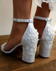 Lasaky - Lace Floral Pattern Ankle Strap Chunky Heels Wedding Guest Shoes Heels Wedding Guest, Chunky Heels Wedding, Wedding Guest Heels, White Sandals Wedding, Block Heels Wedding, Pearl Wedding Shoes, Beach Wedding Shoes, Ankle Strap Chunky Heels, Heels Wedding