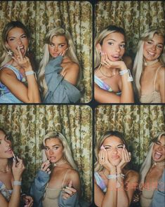 two beautiful young women posing for pictures in front of a curtain with their mouths open