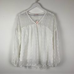 New With Tags Size L White Swiss Dot Long Sleeves Box 4 Casual V-neck Top With Swiss Dot Details, Casual V-neck Swiss Dot Top, Casual White Swiss Dot Blouse, Lace Summer Tops, Hippie Blouse, Black Sheer Blouse, Babydoll Blouse, Lace Short Sleeve Top, Balloon Sleeve Blouse