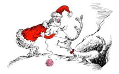 a drawing of santa claus trying to steal an ostrich's tail from the ground