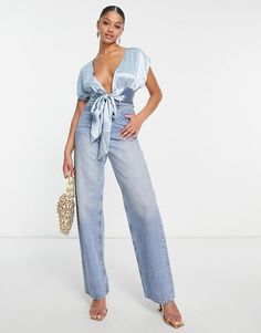 ASOS DESIGN Tall plunge tie front top in icy blue | ASOS Party V-neck Top With Tie Waist, V-neck Top With Tie Waist For Party, Party Top With Tie Waist And V-neck, Chic Blue Tops With Tie Waist, Light Blue V-neck Party Top, Top Azul, Tie Front Top, Drop Top, Icy Blue