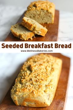 two pictures of bread on a cutting board with the words, seeded breakfast bread