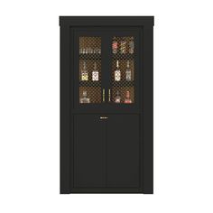 a black cabinet with glass doors on the front and bottom, filled with liquor bottles