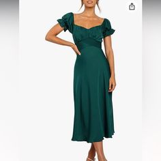 Linsery Women Off Shoulder Boho Midi Dress Puff Sleeve A-Line Fit And Flare Swing Dresses. Never Worn Elegant Green Puff Sleeve Dress For Brunch, Elegant Green Midi Dress With Puff Sleeves, Elegant Green Puff Sleeve Dress For Garden Party, Elegant Green Puff Sleeve Dress With Ruffles, Elegant Green Dress With Gathered Neckline, Green Ruched Puff Sleeve Dress For Brunch, Green Midi Dress With Sweetheart Neckline For Brunch, Solid Dress With Ruched Bodice For Brunch, Solid Color Dress With Ruched Bodice For Brunch