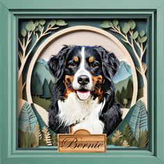 a painting of a dog in a frame with the name bernie on it's side