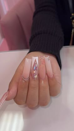 Pink Nails Glam, Glittery Acrylic Nails, Sets For Summer, Nail Piercing, Sugar Nails, Acrylic Toe Nails, Long Nail Designs, Winter Nails Acrylic