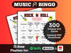 the rock n roll bingo game is on display in front of an orange and red background