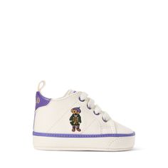 This sneaker unites durable faux leather an easy-on silhouette and the iconic Polo Bear in a signature Ralph Lauren ensemble. Round Toe Sneakers With Embroidered Logo, High-top Synthetic Sneakers With Embossed Logo And Round Toe, Synthetic High-top Sneakers With Embossed Logo And Round Toe, High-top Sneakers With Embossed Logo And Round Toe, Polo Bear, A Signature, Leather Sneakers, Girls Shoes