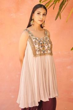 Shop for Aman Takyar Beige Dupion Silk Embroidered Kurta And Dhoti Pant for Women Online at Aza Fashions Dabka Embroidery, Gathered Top, Luxury Pret, Dhoti Pants, Fashion Design Dress, Dupion Silk, Sharara Set, Embroidered Neckline, Embroidered Skirt