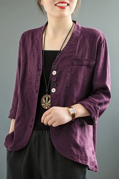 Plus Size-Women's Solid Color Cotton Linen Short Coat Long Sleeve Cardigan Casual V-neck Blazer For Spring, Fall V-neck Blazer With Button Closure, Winter V-neck Blazer With Pockets, Spring V-neck Blazer With Button Closure, Single Breasted V-neck Blazer In Solid Color, Solid Single-breasted V-neck Outerwear, Single-breasted V-neck Blazer, Solid Single Breasted V-neck Blazer, Solid Single Breasted V-neck Outerwear