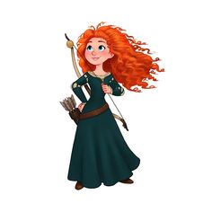 a woman with red hair is holding a bow and arrow in her hand while wearing a green dress