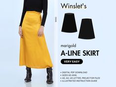 The Aline skirt is a timeless piece that flatters the waist and hips, gently flaring out to create a graceful line. Its simple waistband sits neatly at the waist, providing a clean and polished look. This sewing pattern comes with an illustrated sewing guide with step-by-step instructions, making it super easy to make your own garment. Perfect for beginners! Marigold A Line Skirt Sewing Pattern Highlights: ✔️Style: Aline midi skirt with a smooth waistband, creating a flattering and classic silhouette. ✔️ The Sewing guide includes: Size Chart, Recommended Fabrics, Fabric Consumption, Detailed Instructions ✔️ Flattering fit for all body types: XS, S, M, L, XL, XXL and XXXL ✔️ Easy to follow instructions with step-by-step illustrations ✔️ Pattern is available in 3 print sizes: Projector, A4 a Long Skirt Sewing Pattern, A Line Skirt Pattern, Skirt Pattern Easy, Aline Midi Skirt, Maxi Skirt Pattern, Skirt Sewing Pattern, Skirt Sewing, Aline Skirt, Fitted Turtleneck