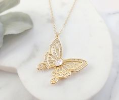 "14K gold-filled 2.5mm flat cable chain 14K gold-filled 10mm Italian teardrop lobster clasp 16K gold dipped 28x31mm cubic zirconia butterfly pendant NOTE: Gemsicles' gold-filled jewelry is cadmium-free, lead-free and nickel-free. :) This listing is for one necklace with one pendant, but you can choose to purchase just the pendant without the chain (see drop down menu). The \"Pendant - No Chain\" option includes the pendant with a bail/top loop and no chain. Fast and free shipping US seller locat Gold Butterfly Necklace With Diamond Accents, Gold Butterfly Necklace With Diamond Accents As Gift, Gold Butterfly Necklace, Rhodium Jewelry, Butterfly Necklace Gold, Star Necklace Gold, Buying Gold, Wedding Pendant, Diamond Gift