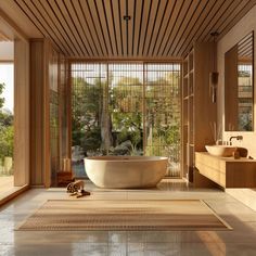 a bathroom with a large bathtub next to a sink