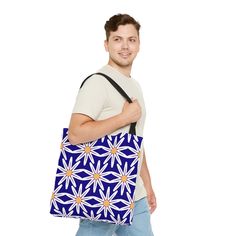 This practical, high-quality Tote Bag is available in three sizes. All-over print provides comfort with style at the beach or out in town. Made from reliable materials, lasting for seasons. .: 100% Polyester.: Boxed corners.: Black cotton handles.: Black lining.: NB! Size tolerance 0.75" (1.9 cm)) Small Medium Large Height, in 12.99 16.02 17.99 Length, in 12.99 16.02 17.99 Width, in 0.31 0.31 0.31 Handle height, in 11.81 11.81 11.81 Handle width, in 1.00 1.00 1.00 Casual Blue Canvas Bag For On-the-go, Trendy Blue Canvas Travel Bag, Trendy Blue Shoulder Bag For Gift, Blue Crochet Shoulder Bag For Daily Use, Blue Rectangular Shoulder Bag, Light Blue Square Bag For Daily Use, Trendy Blue Canvas Bag For Daily Use, Blue Shoulder Bag For Shopping, Modern Blue Shoulder Bag Gift