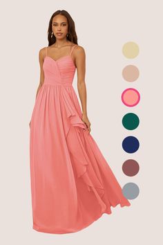 a woman in a long pink dress standing next to color swatches and the colors