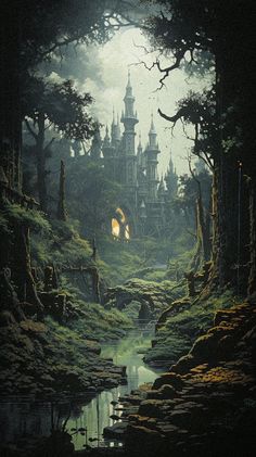 a painting of a castle in the middle of a forest