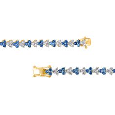 Sparkle and color perfectly combine in this charming blue sapphire and diamond tennis bracelet. 10K gold Alternating trios of diamonds and bright blue sapphires create this continuous line 2-1/2 cts. t.w. of diamonds 7.0-inch bracelet; box clasp Blue Diamond Bracelet With Prong Setting For Anniversary, Blue Diamond Bracelet In Prong Setting, Blue Diamond Bracelet With Prong Setting, Blue Tennis Bracelet For Anniversary, Blue Diamond Bracelet For Anniversary, Blue Diamond Bracelet With Diamond Accents, Blue Tennis Bracelet With 17 Jewels For Anniversary, Blue Anniversary Tennis Bracelet With 17 Jewels, Sapphire Tennis Bracelet With Diamond Accents For Anniversary