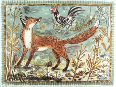 an image of a fox and rooster in the forest with flowers on it's side