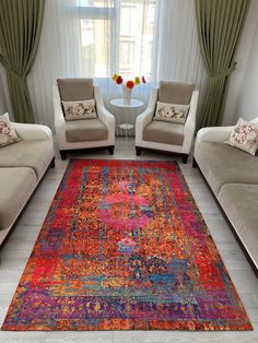 a living room filled with furniture and a colorful rug