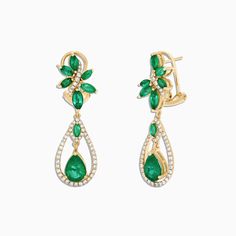 Effy Brasilica 14K Yellow Gold Emerald and Diamond Earrings, 4.62 TCW Emerald And Diamond Earrings, Pearl Necklace Designs, Effy Jewelry, Yellow Stone, Gold Yellow, Necklace Designs, Round Diamonds, Gold Metal, Diamond Earrings