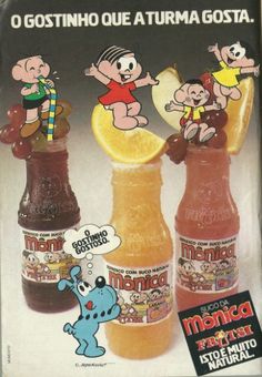 an old ad for mango juice with cartoon characters on the bottles and in the background