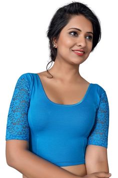 Product Features: Blouse Color: peackock blue Blouse Fabric: Cotton Lycra Blend Blouse Work: Solid Blouse Closure: Stretchable Blouse Type: Non-Padded Blouse Sleeves Type: Elbow Sleeves Blouse Neck Type: Round Neck Product type: Saree Blouse Occasion: Partywear Disclaimer: There will be slight difference in digital to actual image Stretchable Blouse, Net Sleeves, Blouse Crop Top, Blouse Crop, Cotton Lycra Fabric, Blouse Design Images, Indian Saree Blouse, Blouse Designs Indian, Indian Blouse